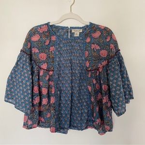 Rachel Zoe boho blue and pink floral peasant top, Size XS